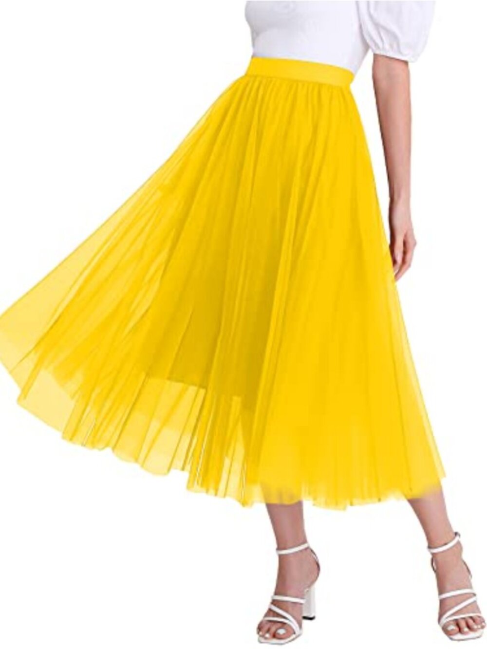 Women's Tulle Midi Skirt High Waist Pleated A-Line Flowy Party Tutu